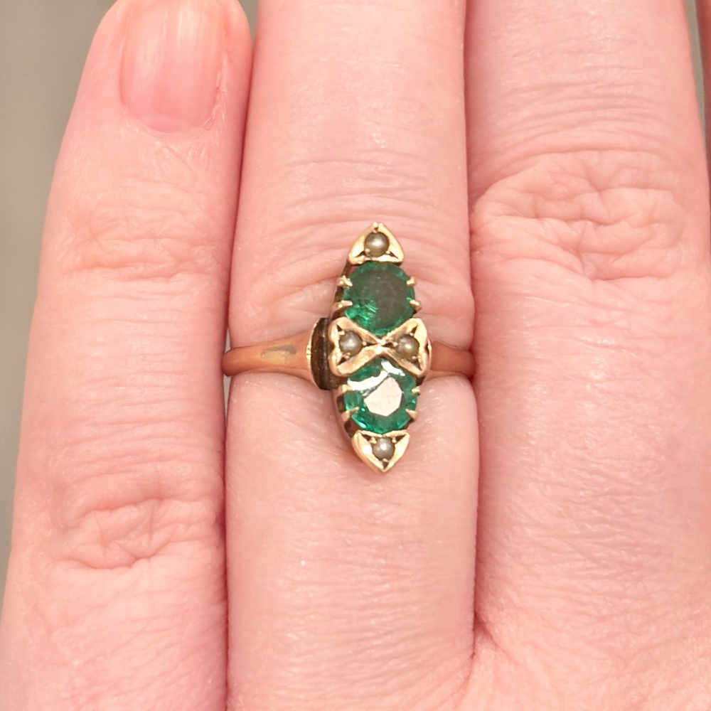 Antique Edwardian 10K Green Ring, Size 5.5, Rose Gold, Navette - Picture 6 of 17